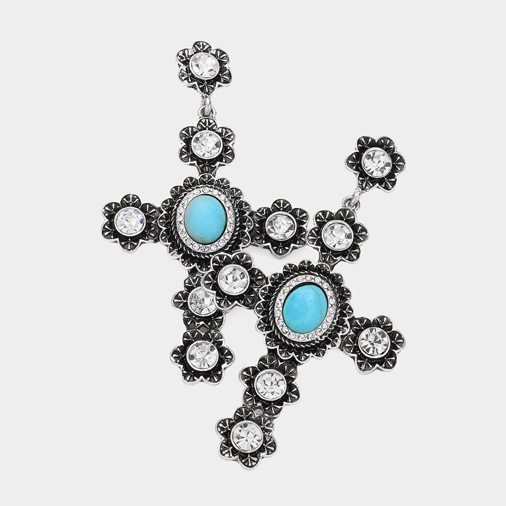 Natural Stone Pointed Stone Embellished Cross Western Dangle Earrings